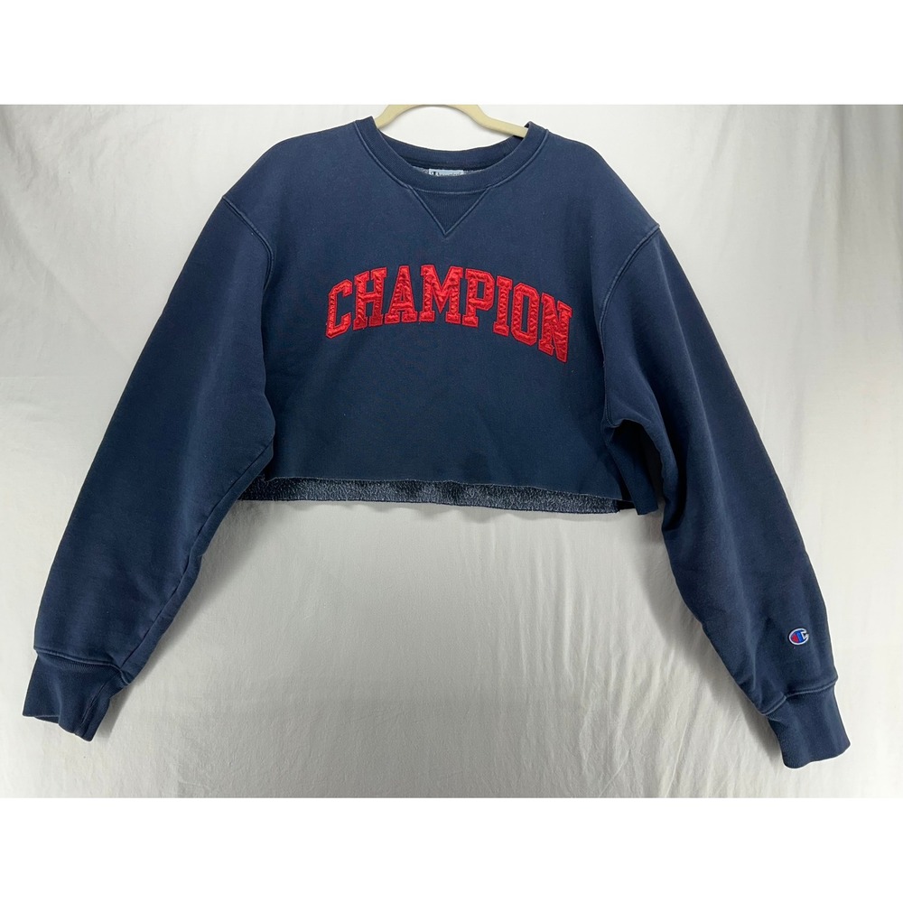 Champion Reverse Weave Cropped Sweatshirt Navy Blue Red Logo Large